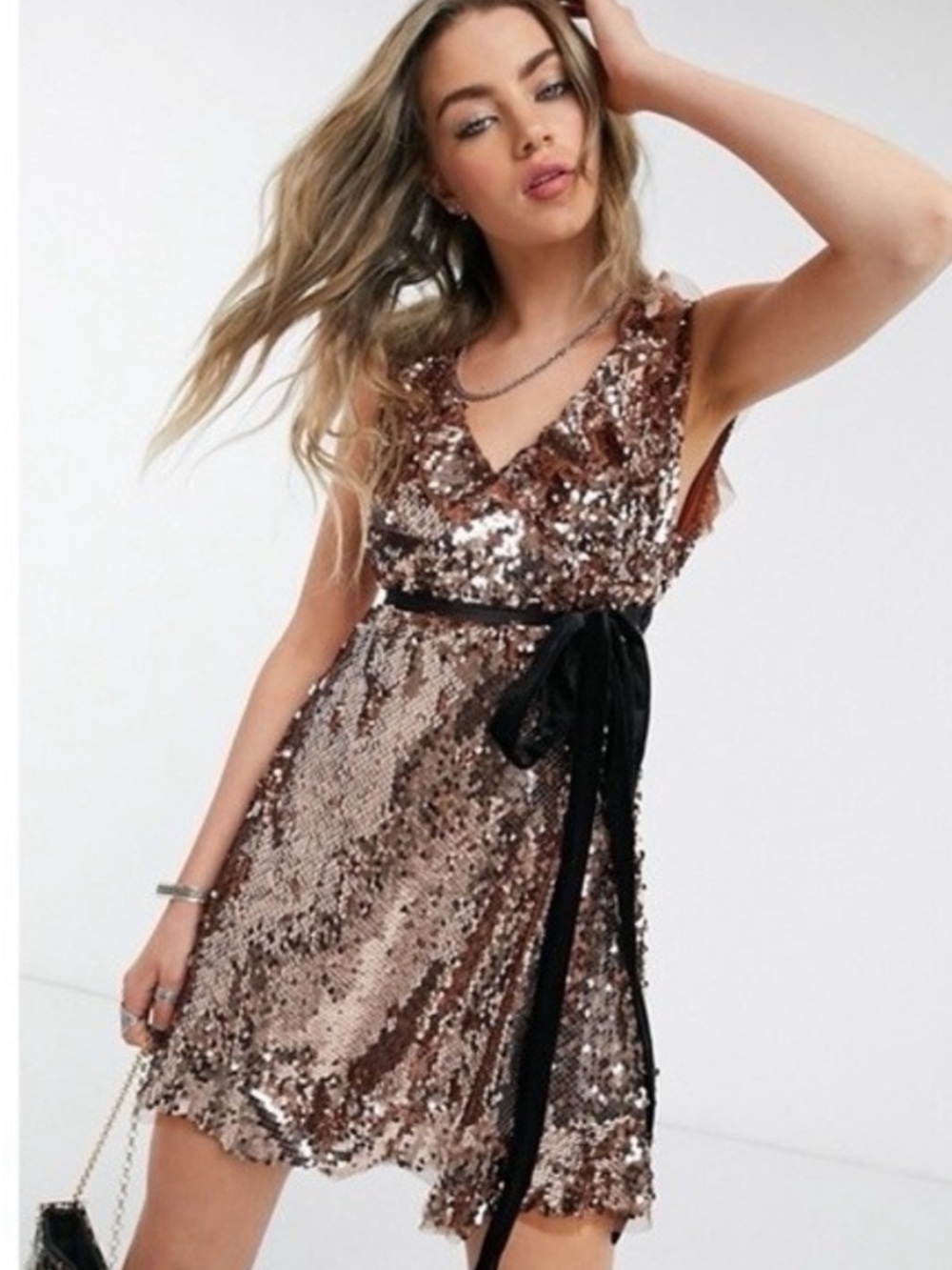 Free People NWT Brown/Rose Gold Sequin V-Neck Mini Dress with Velvet Belt Size 8